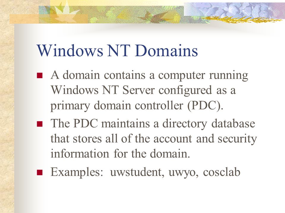 Windows NT Domains A domain contains a computer running Windows NT Server configured as a primary domain controller (PDC).