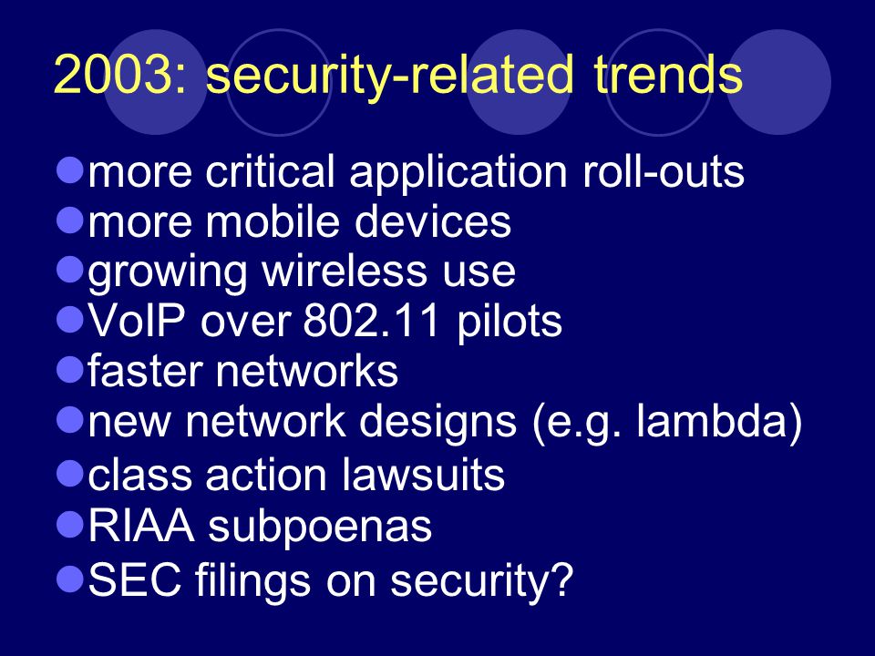 2003: security-related trends more critical application roll-outs more mobile devices growing wireless use VoIP over pilots faster networks new network designs (e.g.
