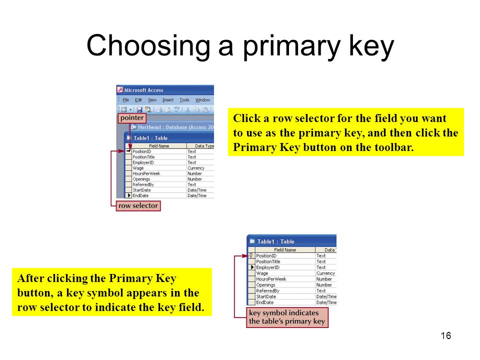 16 Choosing a primary key Click a row selector for the field you want to use as the primary key, and then click the Primary Key button on the toolbar.
