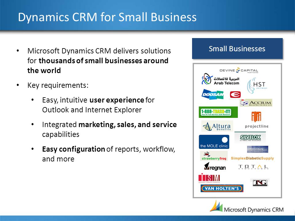 Dynamics CRM for Small Business Microsoft Dynamics CRM delivers solutions for thousands of small businesses around the world Key requirements: Easy, intuitive user experience for Outlook and Internet Explorer Integrated marketing, sales, and service capabilities Easy configuration of reports, workflow, and more Small Businesses