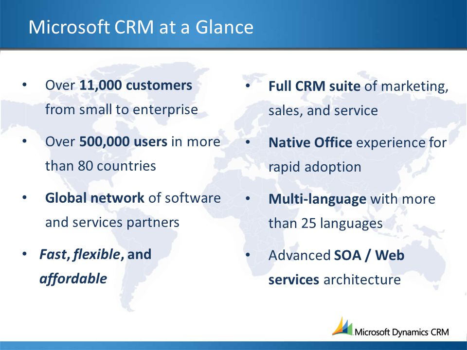 Microsoft CRM at a Glance Over 11,000 customers from small to enterprise Over 500,000 users in more than 80 countries Global network of software and services partners Fast, flexible, and affordable Full CRM suite of marketing, sales, and service Native Office experience for rapid adoption Multi-language with more than 25 languages Advanced SOA / Web services architecture