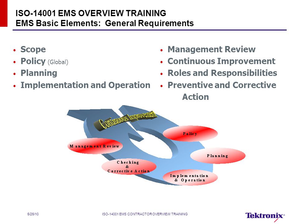 5/26/10ISO EMS CONTRACTOR OVERVIEW TRAINING Scope Policy (Global) Planning Implementation and Operation ISO EMS OVERVIEW TRAINING EMS Basic Elements: General Requirements Management Review Continuous Improvement Roles and Responsibilities Preventive and Corrective Action