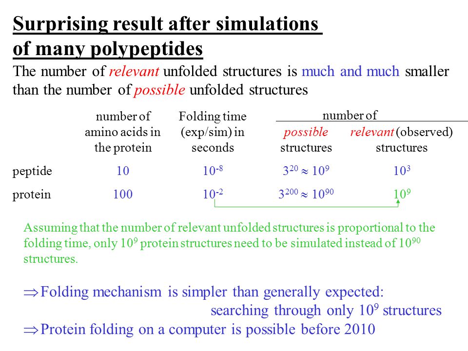 Surprising result after simulations of many polypeptides number of amino acids in the protein Folding time (exp/sim) in seconds possible structures 3 20   relevant (observed) structures number of peptide protein The number of relevant unfolded structures is much and much smaller than the number of possible unfolded structures Assuming that the number of relevant unfolded structures is proportional to the folding time, only 10 9 protein structures need to be simulated instead of structures.