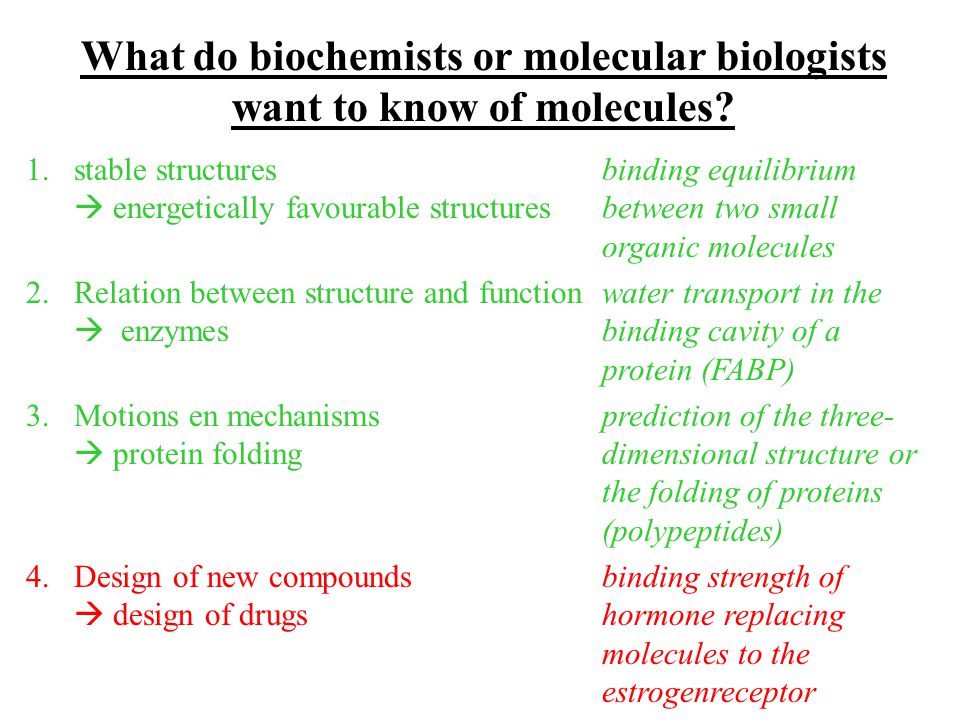 What do biochemists or molecular biologists want to know of molecules.