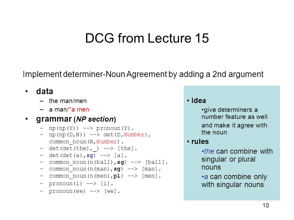 10 DCG from Lecture 15 data –the man/men –a man/*a men grammar (NP section) –np(np(Y)) --> pronoun(Y).