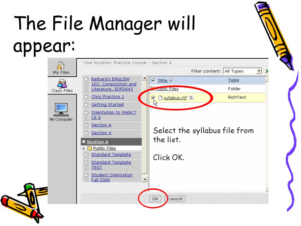 The File Manager will appear: Select the syllabus file from the list. Click OK.
