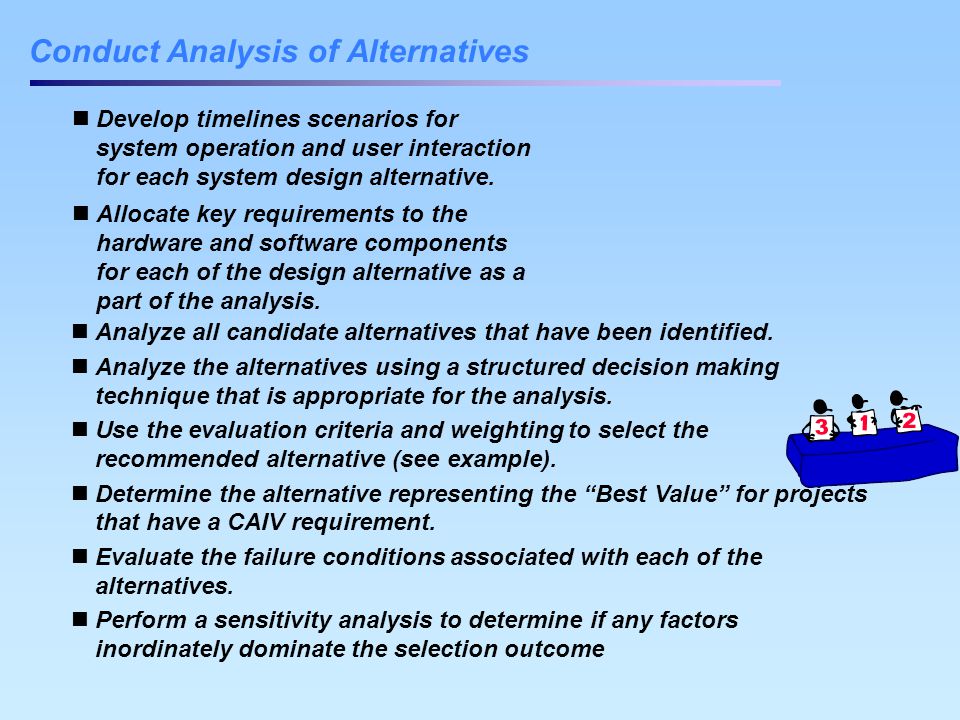 Conduct Analysis of Alternatives Develop timelines scenarios for system operation and user interaction for each system design alternative.