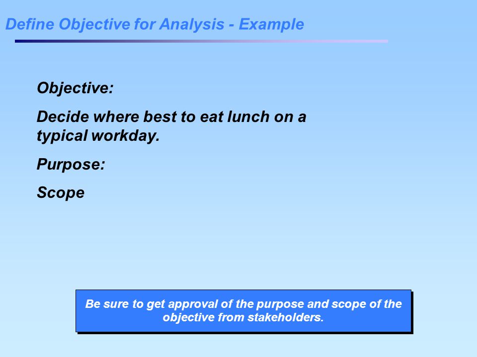 Define Objective for Analysis - Example Objective: Decide where best to eat lunch on a typical workday.