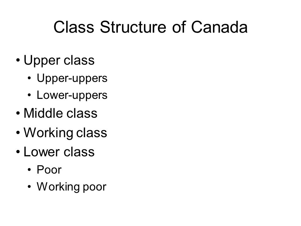 Class Structure of Canada Upper class Upper-uppers Lower-uppers Middle class Working class Lower class Poor Working poor