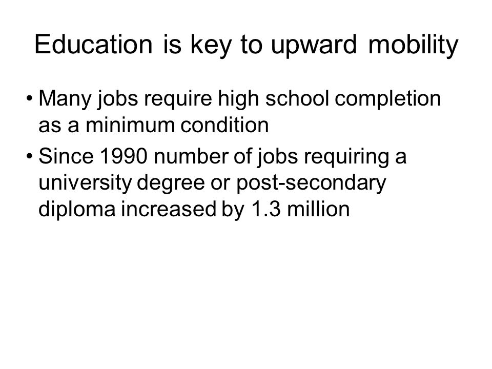 Education is key to upward mobility Many jobs require high school completion as a minimum condition Since 1990 number of jobs requiring a university degree or post-secondary diploma increased by 1.3 million
