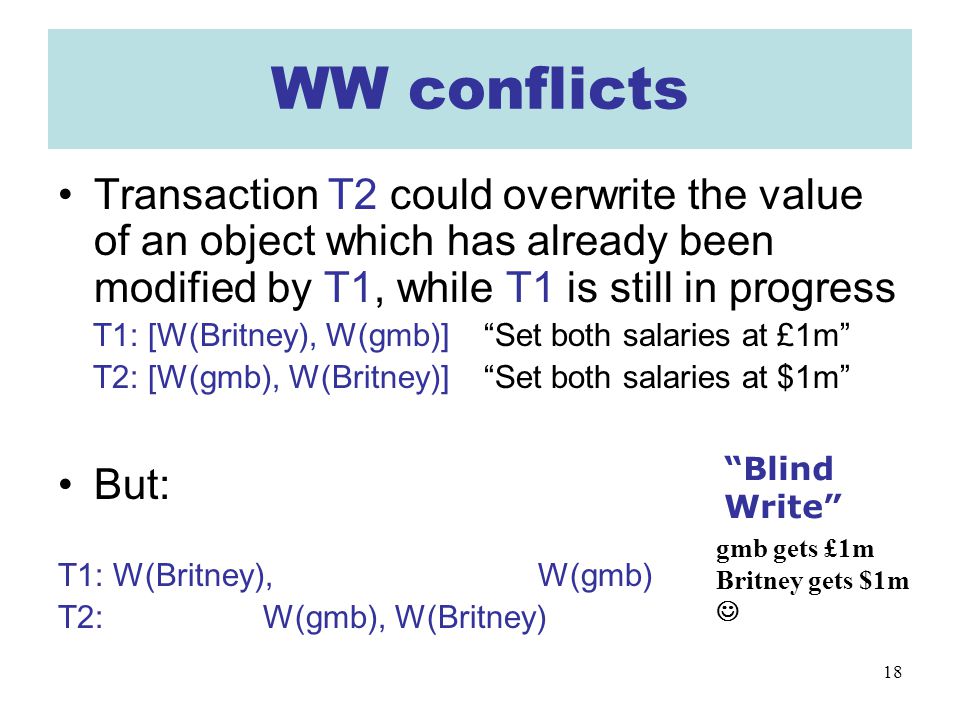 18 WW conflicts Transaction T2 could overwrite the value of an object which has already been modified by T1, while T1 is still in progress T1: [W(Britney), W(gmb)] Set both salaries at £1m T2: [W(gmb), W(Britney)] Set both salaries at $1m But: T1: W(Britney), W(gmb) T2: W(gmb), W(Britney) gmb gets £1m Britney gets $1m Blind Write