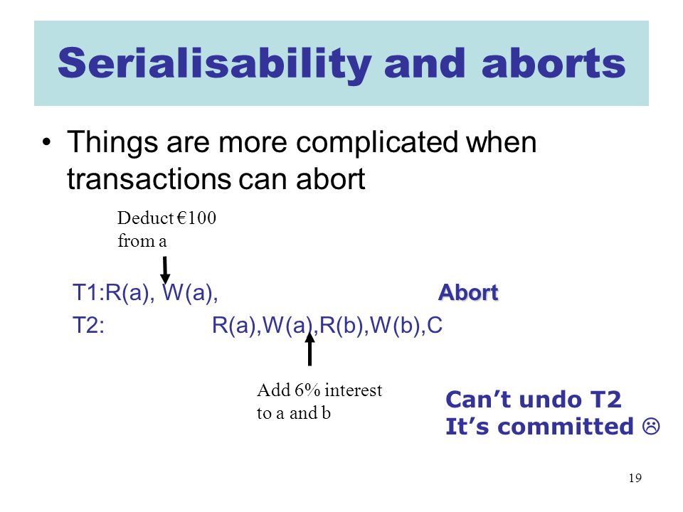 19 Serialisability and aborts Things are more complicated when transactions can abort Abort T1:R(a), W(a), Abort T2: R(a),W(a),R(b),W(b),C Deduct €100 from a Add 6% interest to a and b Can’t undo T2 It’s committed 