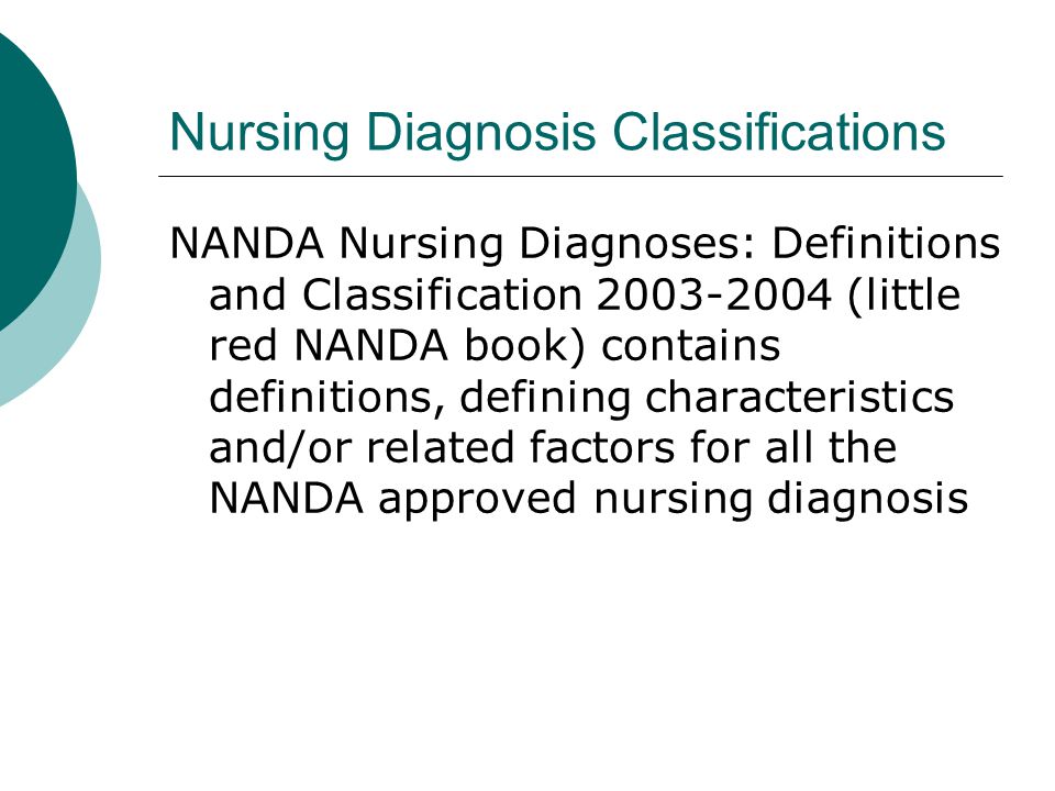 Nursing Diagnosis Classifications NANDA Nursing Diagnoses: Definitions and Classification (little red NANDA book) contains definitions, defining characteristics and/or related factors for all the NANDA approved nursing diagnosis