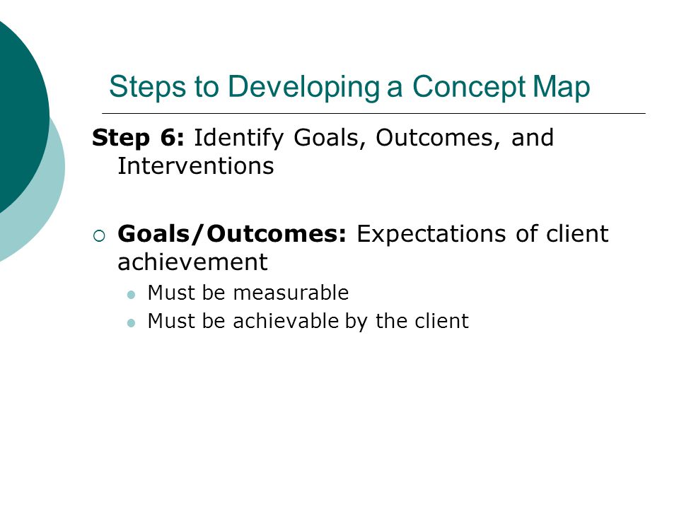 Steps to Developing a Concept Map Step 6: Identify Goals, Outcomes, and Interventions  Goals/Outcomes: Expectations of client achievement Must be measurable Must be achievable by the client