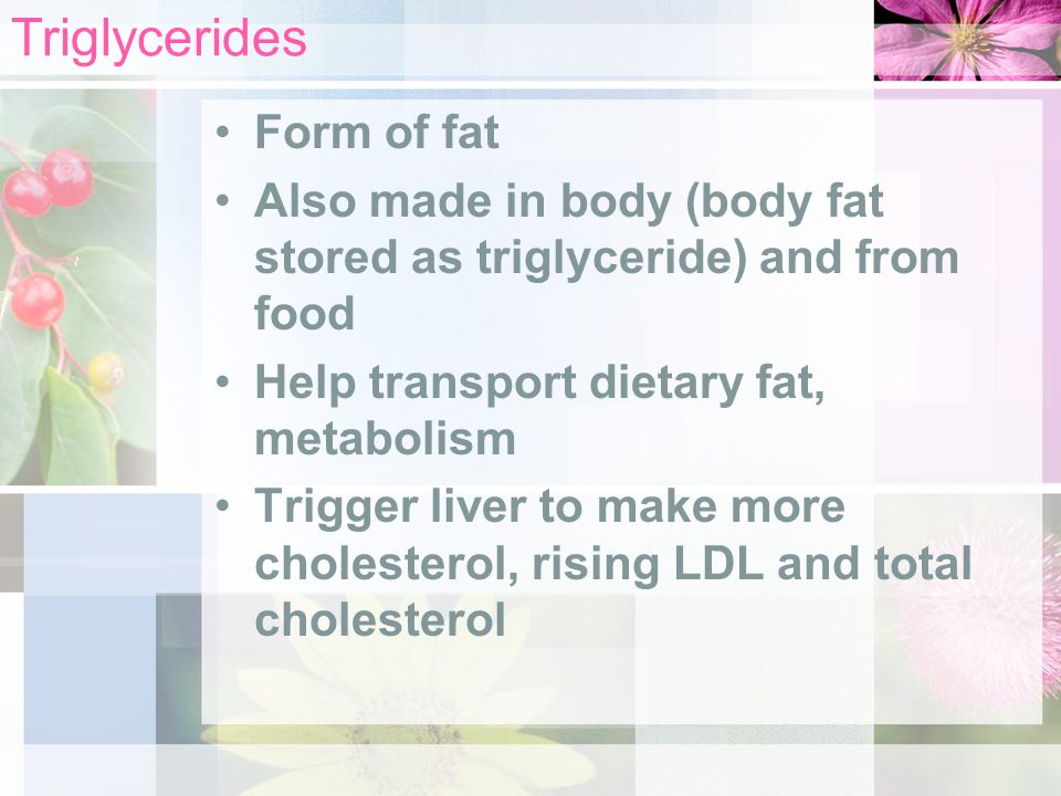 Triglycerides Form of fat Also made in body (body fat stored as triglyceride) and from food Help transport dietary fat, metabolism Trigger liver to make more cholesterol, rising LDL and total cholesterol