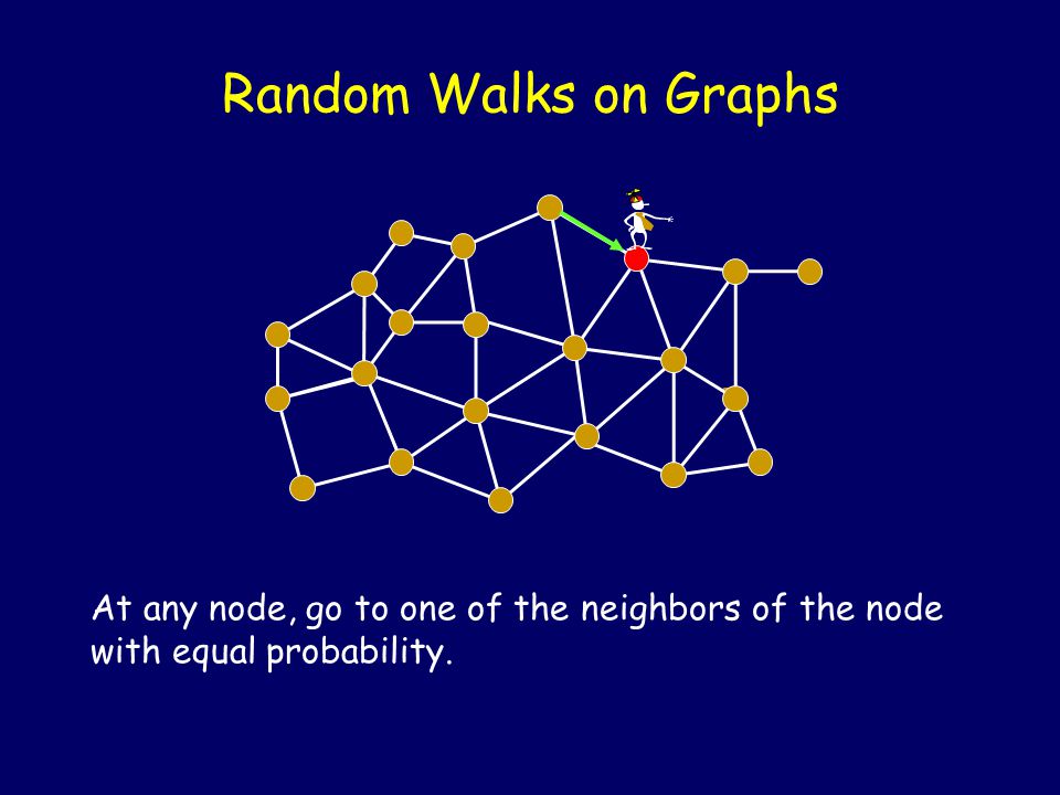 Random Walks on Graphs At any node, go to one of the neighbors of the node with equal probability.