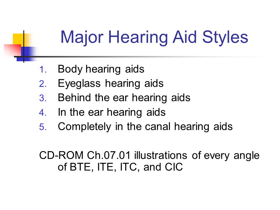 Major Hearing Aid Styles 1. Body hearing aids 2. Eyeglass hearing aids 3.