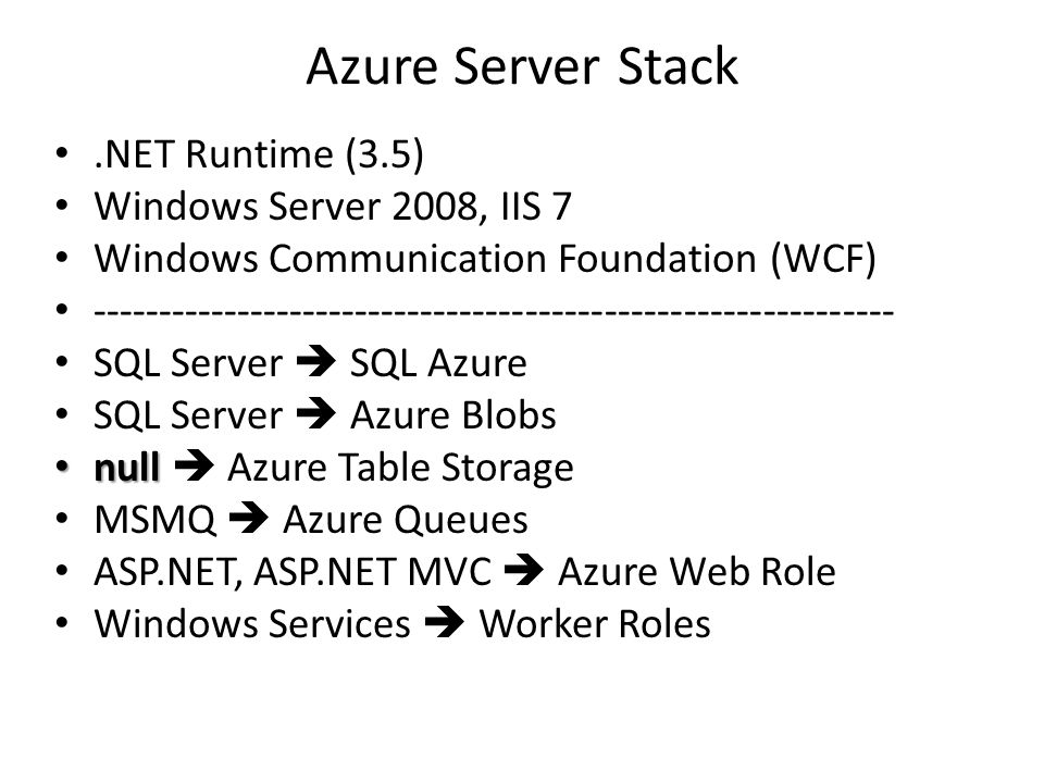 Azure Server Stack.NET Runtime (3.5) Windows Server 2008, IIS 7 Windows Communication Foundation (WCF) SQL Server  SQL Azure SQL Server  Azure Blobs null null  Azure Table Storage MSMQ  Azure Queues ASP.NET, ASP.NET MVC  Azure Web Role Windows Services  Worker Roles