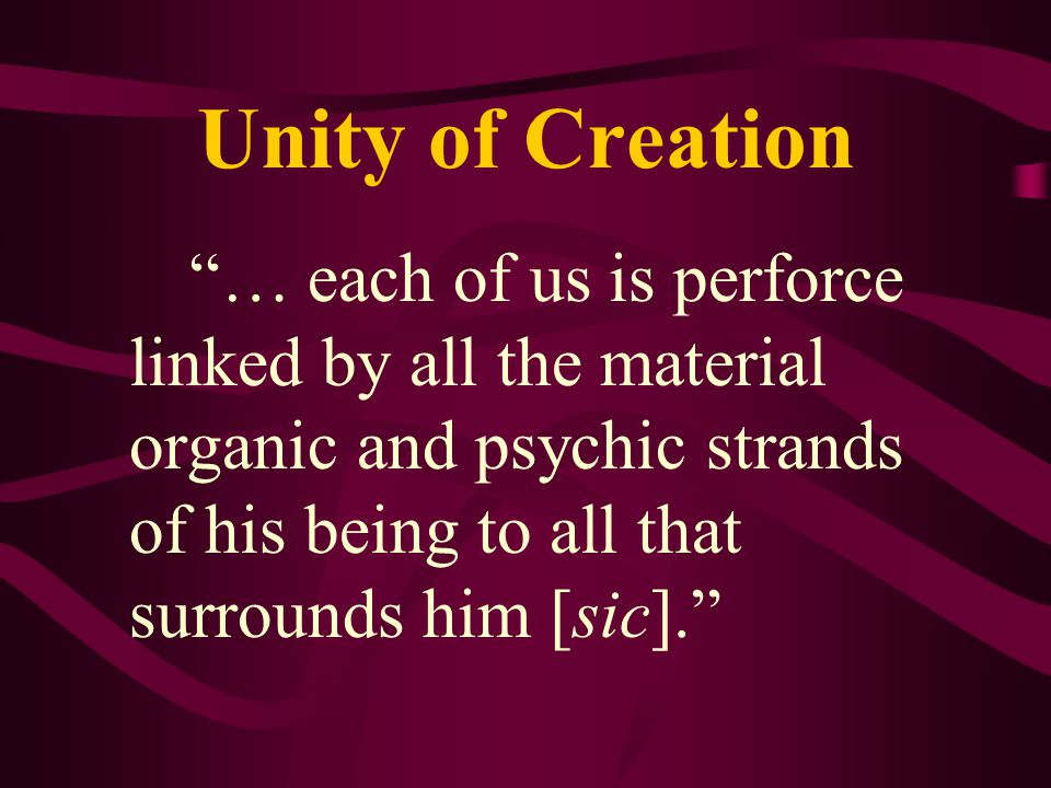 Unity of Creation … each of us is perforce linked by all the material organic and psychic strands of his being to all that surrounds him [sic].