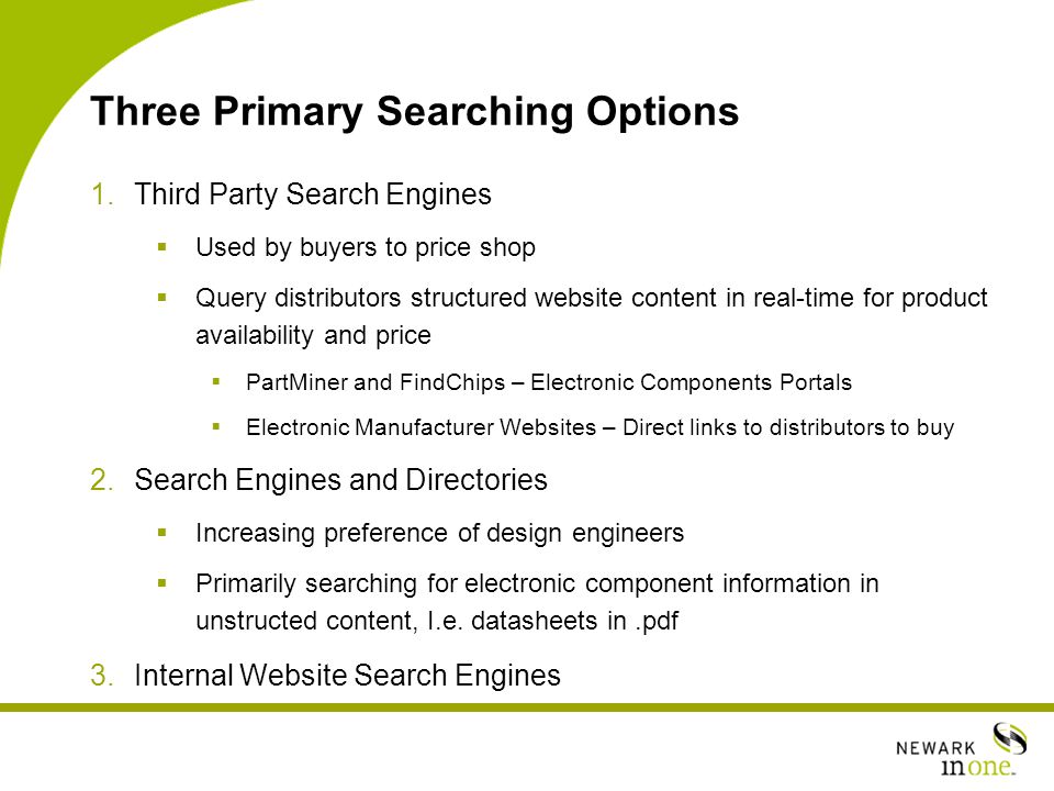 Three Primary Searching Options 1.Third Party Search Engines  Used by buyers to price shop  Query distributors structured website content in real-time for product availability and price  PartMiner and FindChips – Electronic Components Portals  Electronic Manufacturer Websites – Direct links to distributors to buy 2.Search Engines and Directories  Increasing preference of design engineers  Primarily searching for electronic component information in unstructed content, I.e.