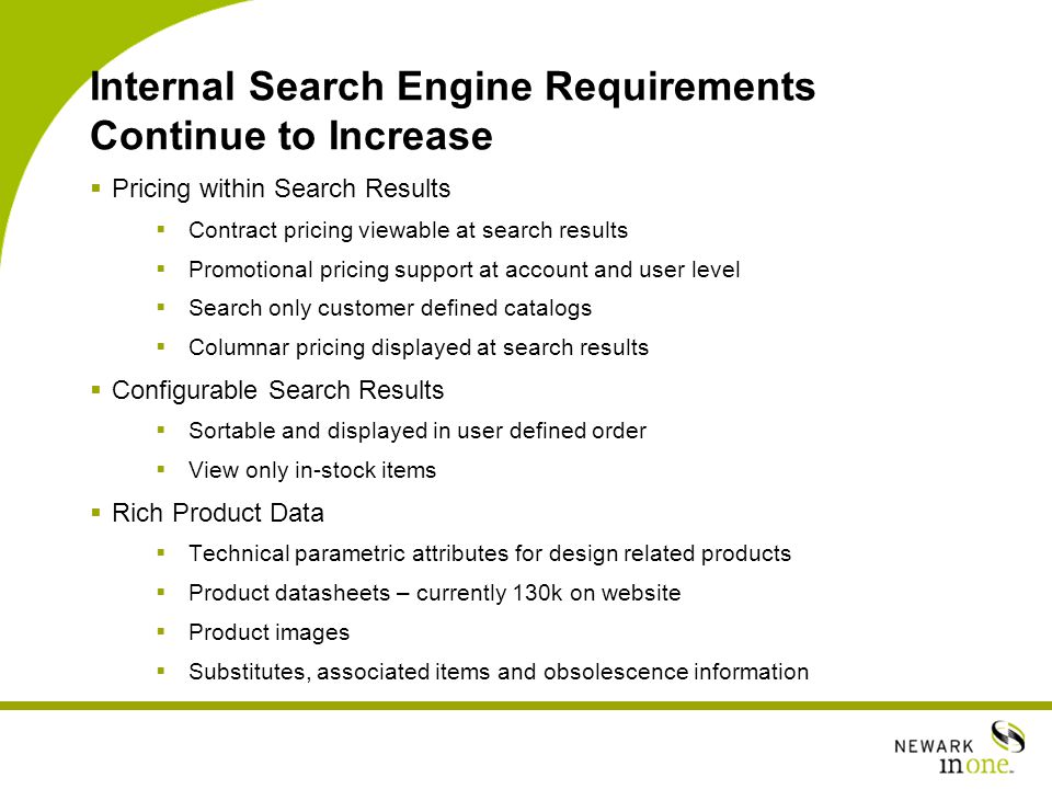 Internal Search Engine Requirements Continue to Increase  Pricing within Search Results  Contract pricing viewable at search results  Promotional pricing support at account and user level  Search only customer defined catalogs  Columnar pricing displayed at search results  Configurable Search Results  Sortable and displayed in user defined order  View only in-stock items  Rich Product Data  Technical parametric attributes for design related products  Product datasheets – currently 130k on website  Product images  Substitutes, associated items and obsolescence information