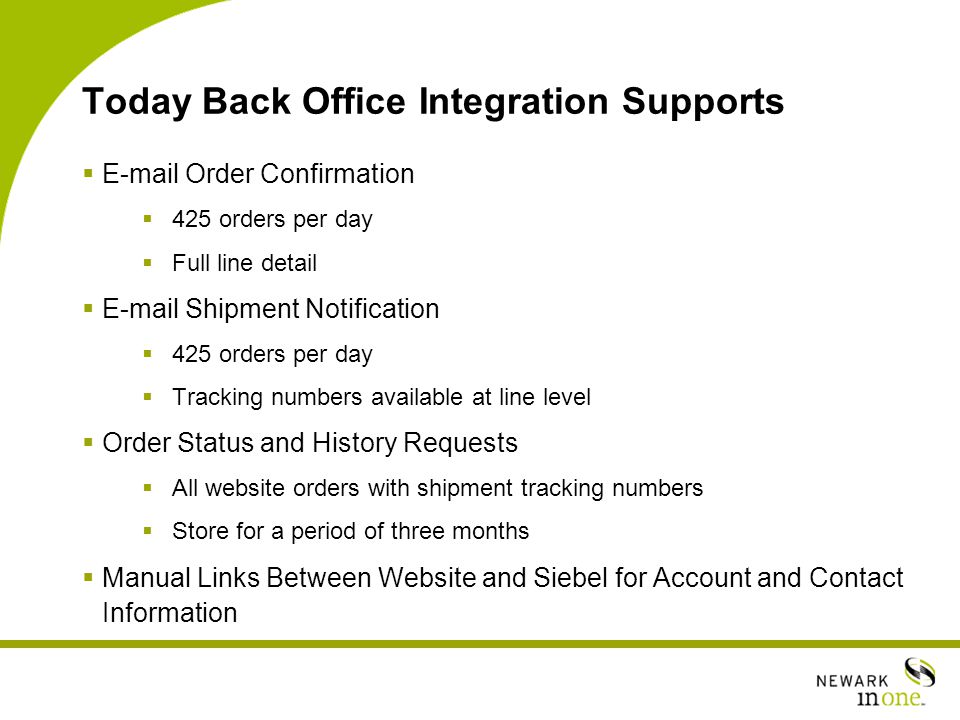 Today Back Office Integration Supports   Order Confirmation  425 orders per day  Full line detail   Shipment Notification  425 orders per day  Tracking numbers available at line level  Order Status and History Requests  All website orders with shipment tracking numbers  Store for a period of three months  Manual Links Between Website and Siebel for Account and Contact Information
