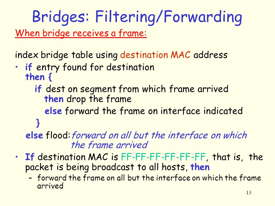 13 Bridges: Filtering/Forwarding When bridge receives a frame: index bridge table using destination MAC address if entry found for destination then { if dest on segment from which frame arrived then drop the frame else forward the frame on interface indicated } else flood:forward on all but the interface on which the frame arrived If destination MAC is FF-FF-FF-FF-FF-FF, that is, the packet is being broadcast to all hosts, then –forward the frame on all but the interface on which the frame arrived