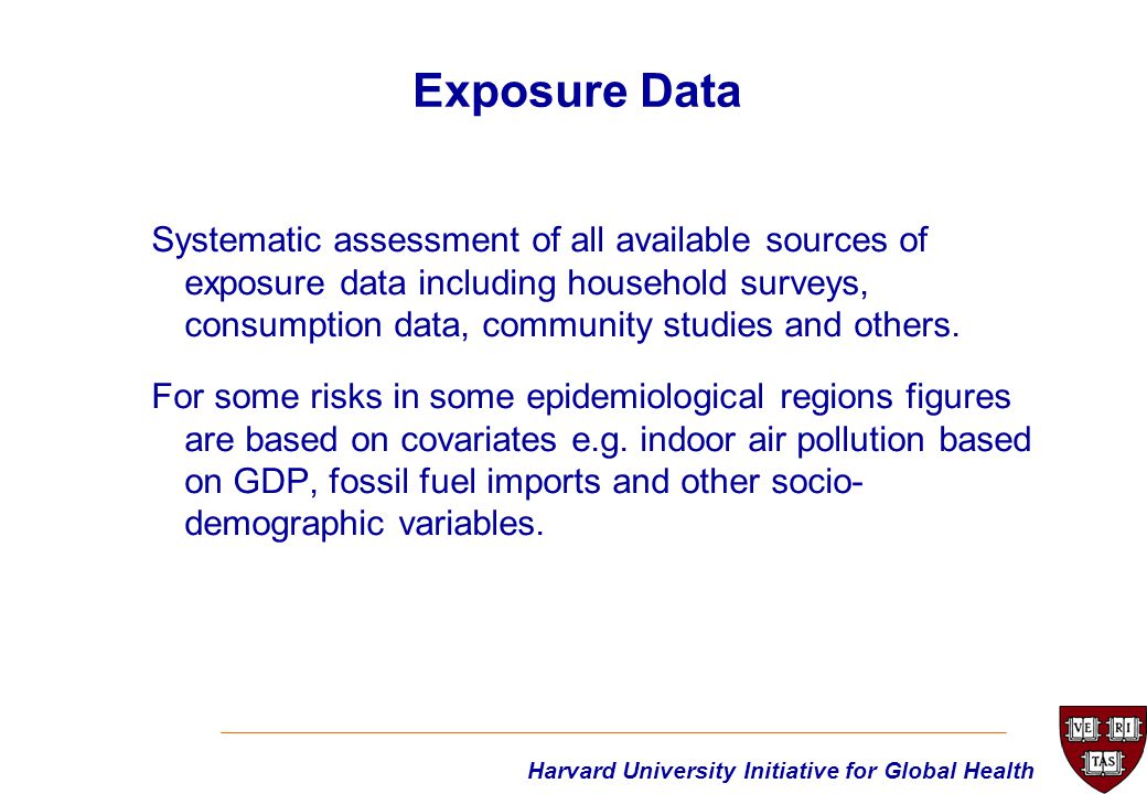 Harvard University Initiative for Global Health Systematic assessment of all available sources of exposure data including household surveys, consumption data, community studies and others.