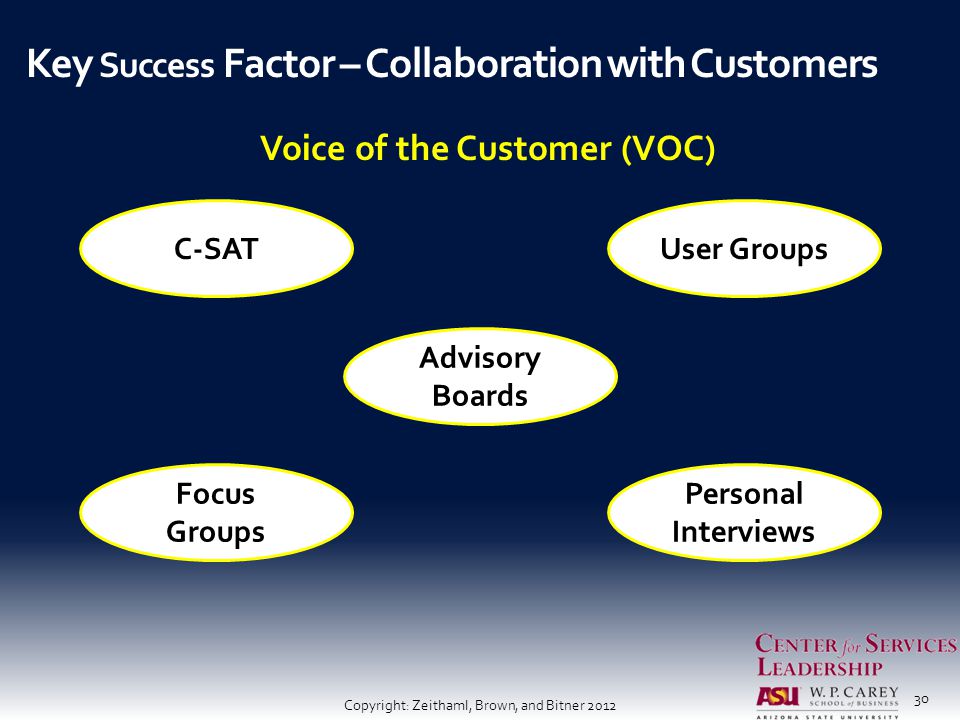 30 Voice of the Customer (VOC) Key Success Factor – Collaboration with Customers Advisory Boards C-SAT Focus Groups Personal Interviews User Groups Copyright: Zeithaml, Brown, and Bitner 2012