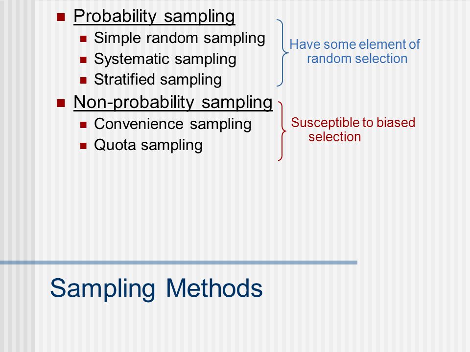 Sampling Methods Probability sampling Simple random sampling Systematic sampling Stratified sampling Non-probability sampling Convenience sampling Quota sampling Have some element of random selection Susceptible to biased selection