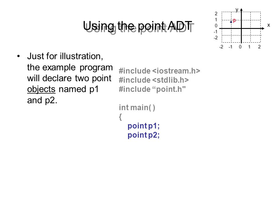 Using the point ADT Just for illustration, the example program will declare two point objects named p1 and p2.