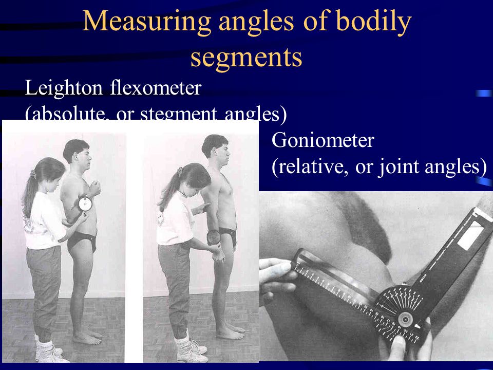 Measuring angles of bodily segments Leighton flexometer (absolute, or stegment angles) Goniometer (relative, or joint angles)