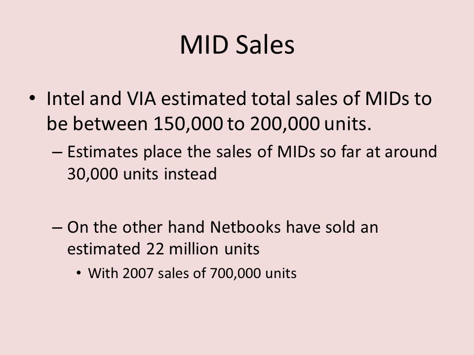 MID Sales Intel and VIA estimated total sales of MIDs to be between 150,000 to 200,000 units.
