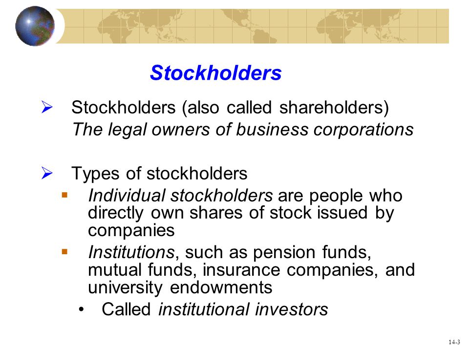 14-3 Stockholders  Stockholders (also called shareholders) The legal owners of business corporations  Types of stockholders  Individual stockholders are people who directly own shares of stock issued by companies  Institutions, such as pension funds, mutual funds, insurance companies, and university endowments Called institutional investors