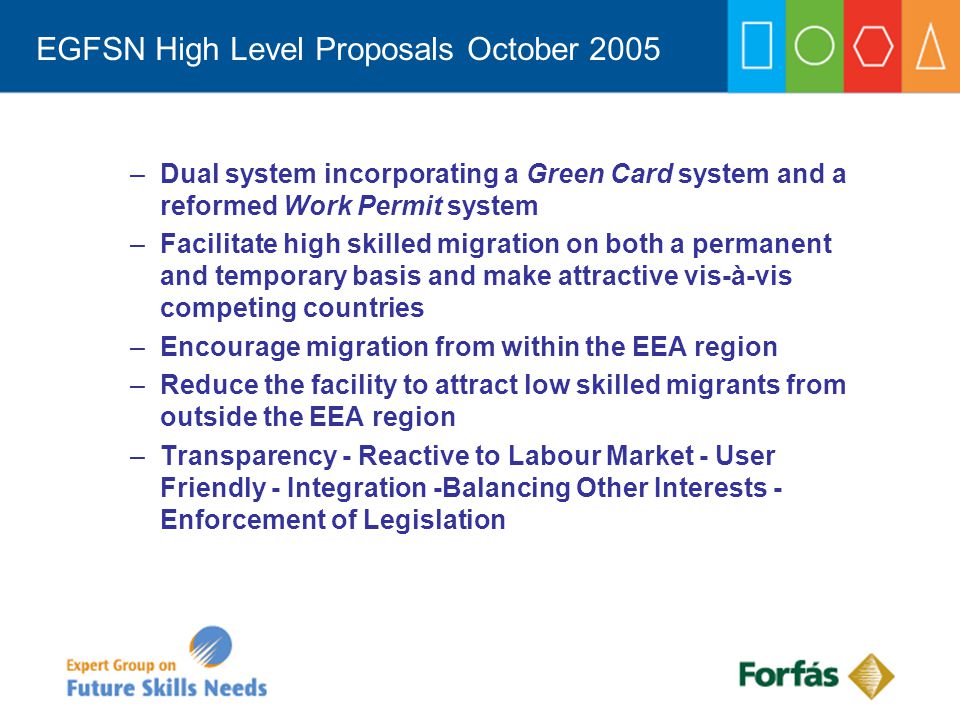 EGFSN High Level Proposals October 2005 –Dual system incorporating a Green Card system and a reformed Work Permit system –Facilitate high skilled migration on both a permanent and temporary basis and make attractive vis-à-vis competing countries –Encourage migration from within the EEA region –Reduce the facility to attract low skilled migrants from outside the EEA region –Transparency - Reactive to Labour Market - User Friendly - Integration -Balancing Other Interests - Enforcement of Legislation