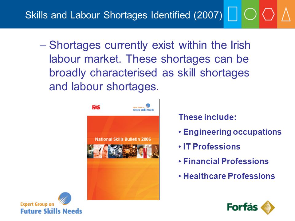 Skills and Labour Shortages Identified (2007) –Shortages currently exist within the Irish labour market.