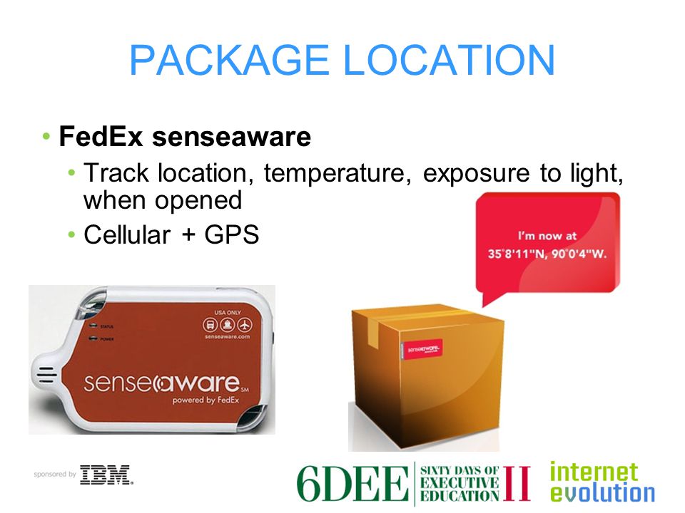 PACKAGE LOCATION FedEx senseaware Track location, temperature, exposure to light, when opened Cellular + GPS