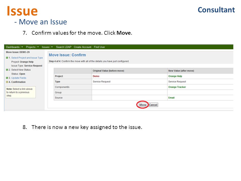 Issue - Move an Issue 7.Confirm values for the move.