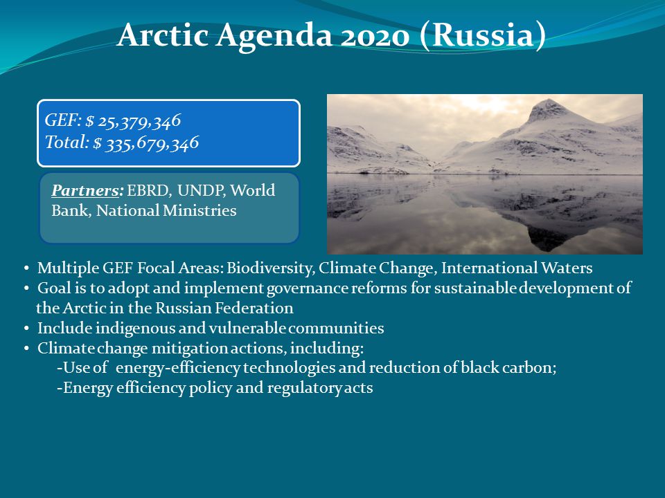 Arctic Agenda 2020 (Russia) GEF: $ 25,379,346 Total: $ 335,679,346 Partners: EBRD, UNDP, World Bank, National Ministries Multiple GEF Focal Areas: Biodiversity, Climate Change, International Waters Goal is to adopt and implement governance reforms for sustainable development of the Arctic in the Russian Federation Include indigenous and vulnerable communities Climate change mitigation actions, including: -Use of energy-efficiency technologies and reduction of black carbon; -Energy efficiency policy and regulatory acts