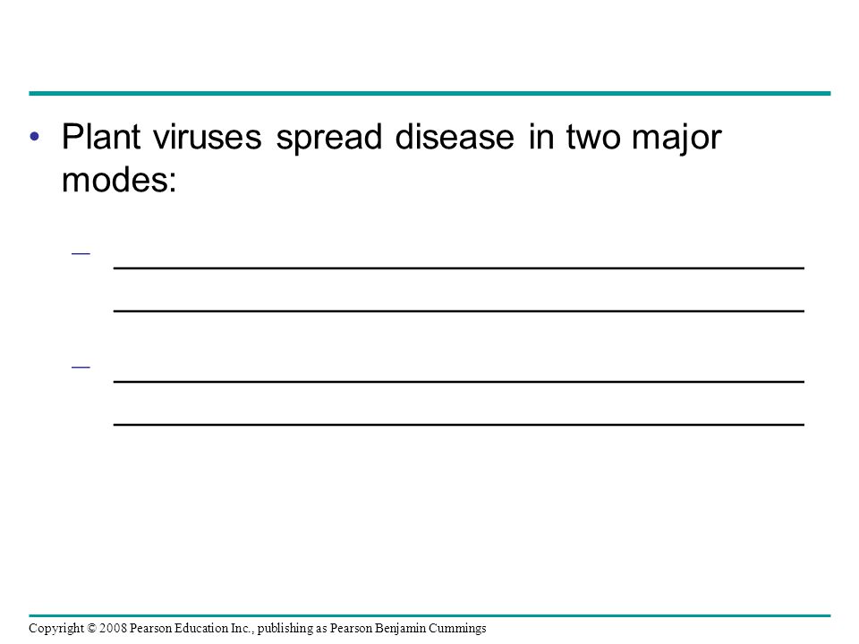 Copyright © 2008 Pearson Education Inc., publishing as Pearson Benjamin Cummings Plant viruses spread disease in two major modes: – ___________________________________ ___________________________________