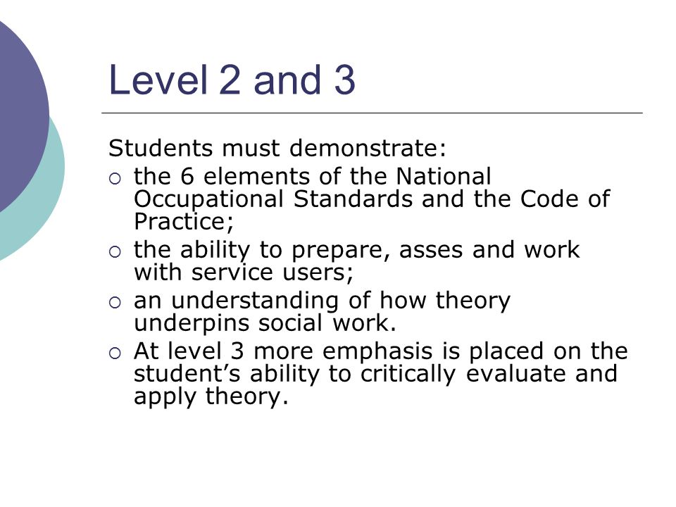 Level 2 and 3 Students must demonstrate:  the 6 elements of the National Occupational Standards and the Code of Practice;  the ability to prepare, asses and work with service users;  an understanding of how theory underpins social work.