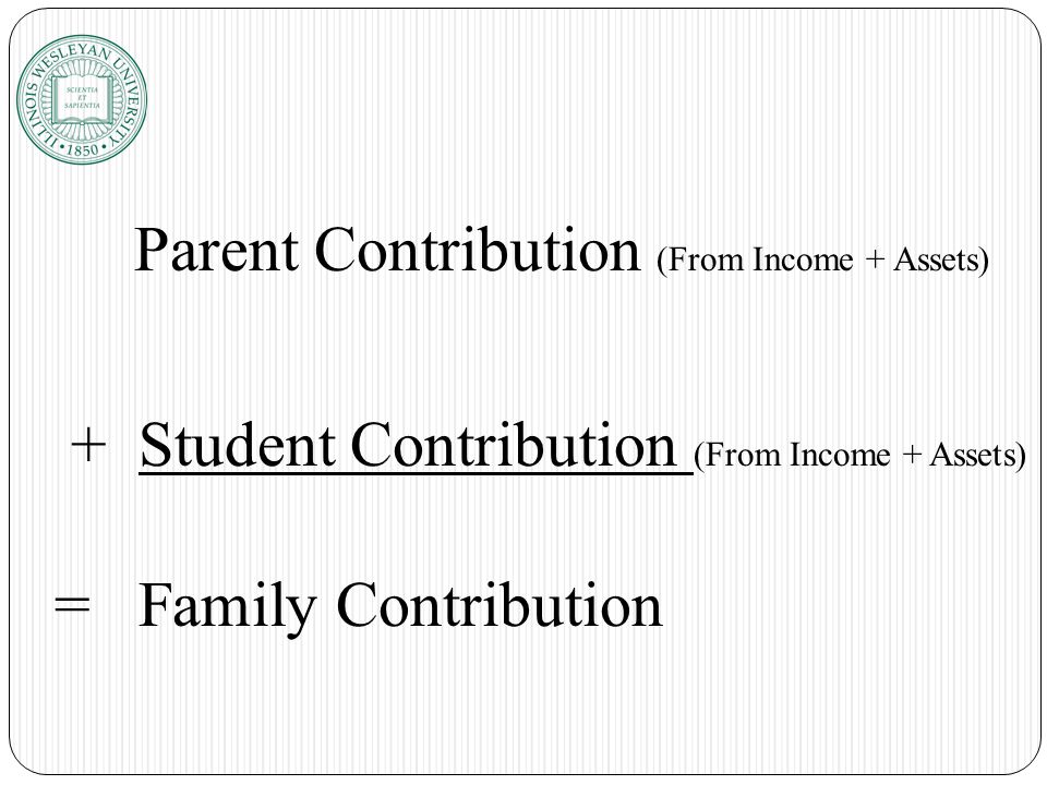 Parent Contribution (From Income + Assets) + Student Contribution (From Income + Assets) = Family Contribution
