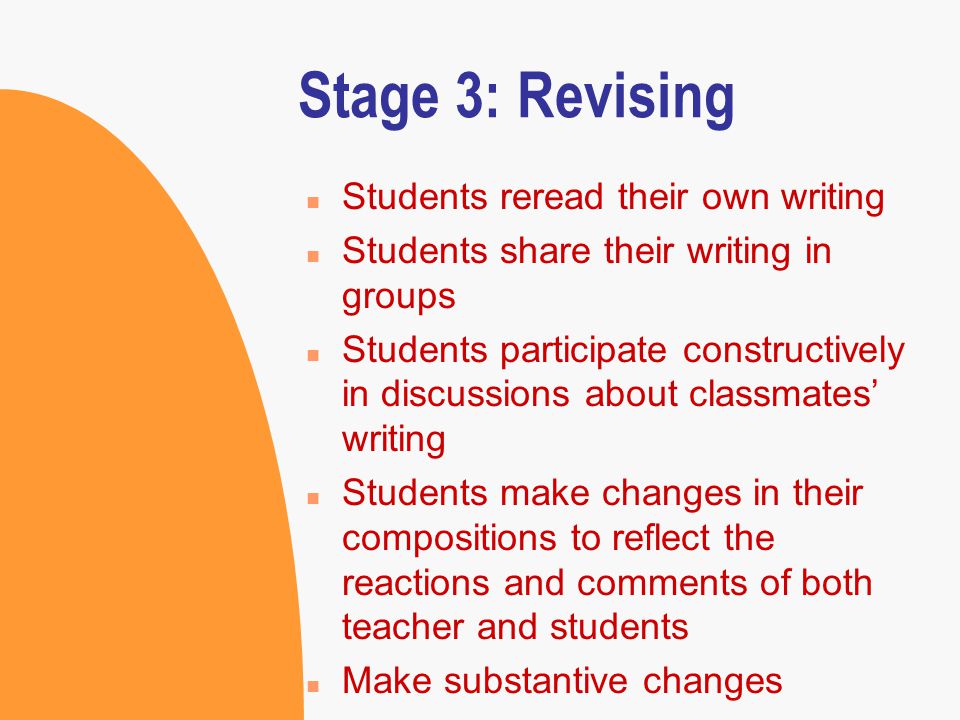 Stage 2: Drafting n Students write a rough draft n Students emphasize content rather than mechanics.
