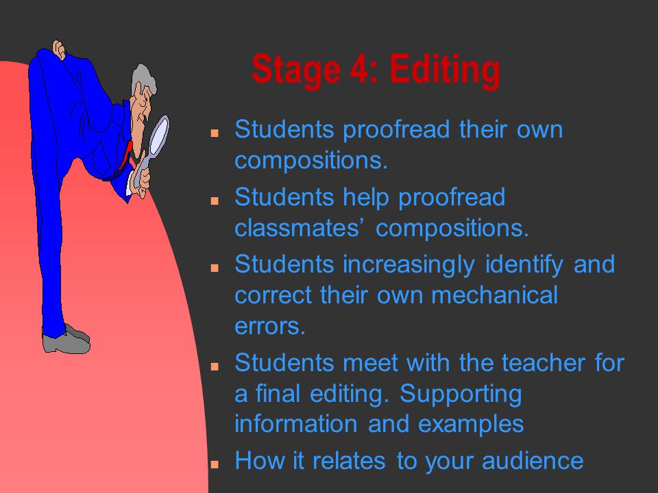 Stage 3: Revising n Students reread their own writing n Students share their writing in groups n Students participate constructively in discussions about classmates’ writing n Students make changes in their compositions to reflect the reactions and comments of both teacher and students n Make substantive changes