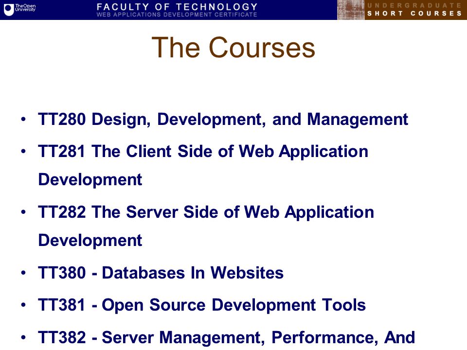 The Courses TT280 Design, Development, and Management TT281 The Client Side of Web Application Development TT282 The Server Side of Web Application Development TT380 - Databases In Websites TT381 - Open Source Development Tools TT382 - Server Management, Performance, And Tuning
