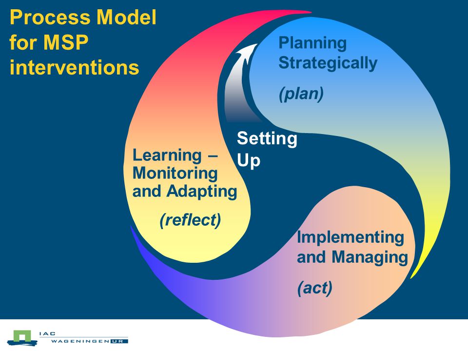 Setting Up Learning – Monitoring and Adapting (reflect) Planning Strategically (plan) Implementing and Managing (act) Process Model for MSP interventions