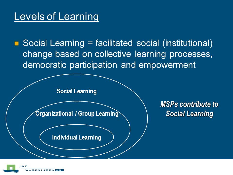 Levels of Learning Social Learning = facilitated social (institutional) change based on collective learning processes, democratic participation and empowerment Individual Learning Organizational / Group Learning Social Learning MSPs contribute to Social Learning