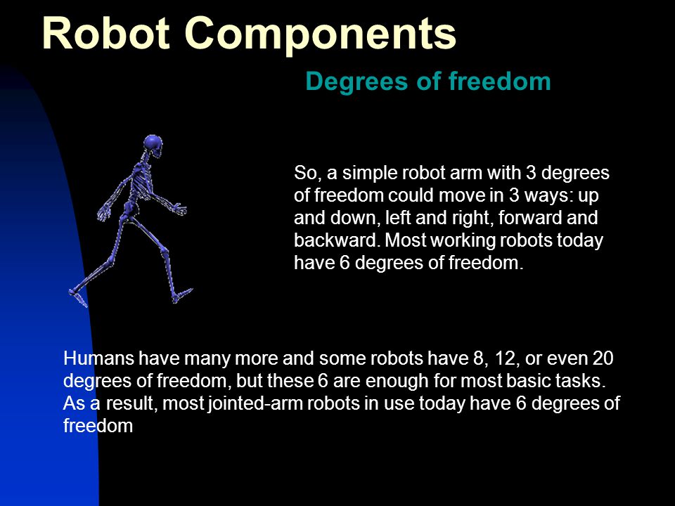 Robot Components Degrees of freedom So, a simple robot arm with 3 degrees of freedom could move in 3 ways: up and down, left and right, forward and backward.