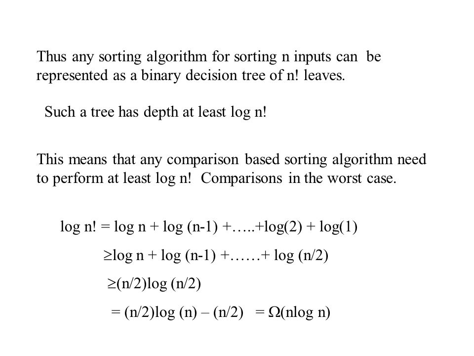 Thus any sorting algorithm for sorting n inputs can be represented as a binary decision tree of n.