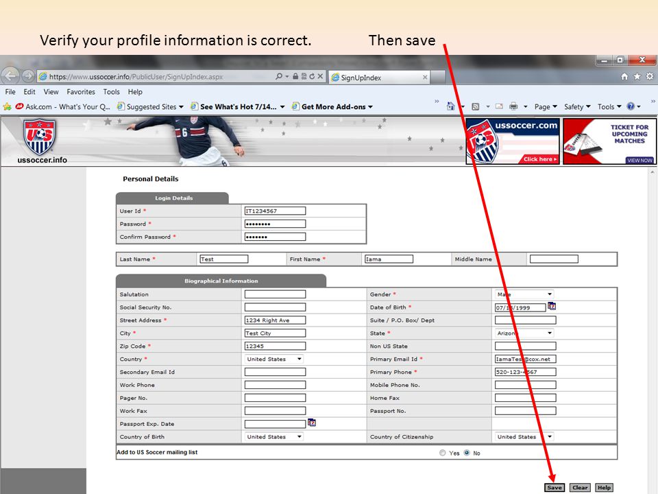 Verify your profile information is correct. Then save